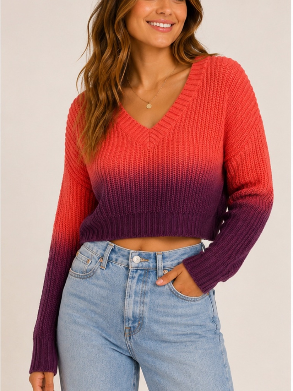 Women's Harper Heritage by Francesca Ombre Cropped V-Neck Sweater, size Medium